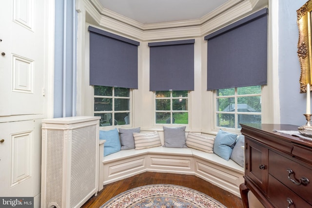 sitting room with crown molding and dark wood-type flooring