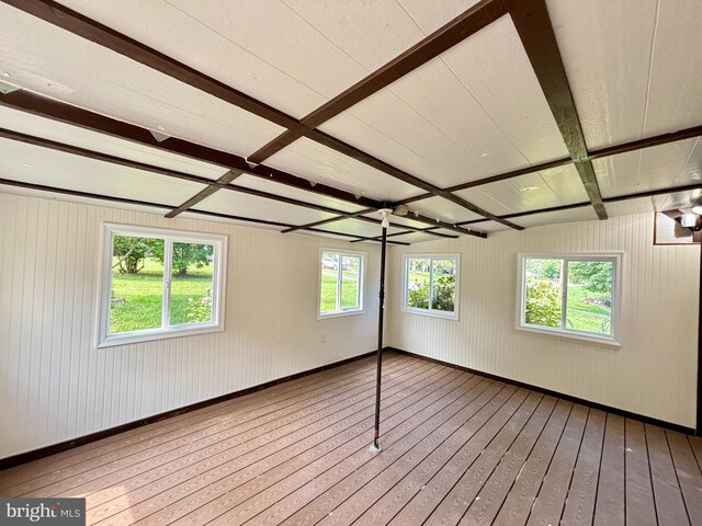 spare room with a wealth of natural light, beam ceiling, and hardwood / wood-style flooring