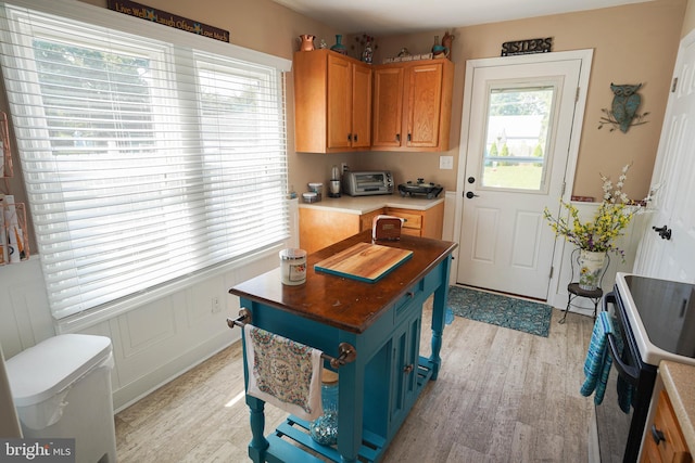 kitchen with light hardwood / wood-style floors and stove