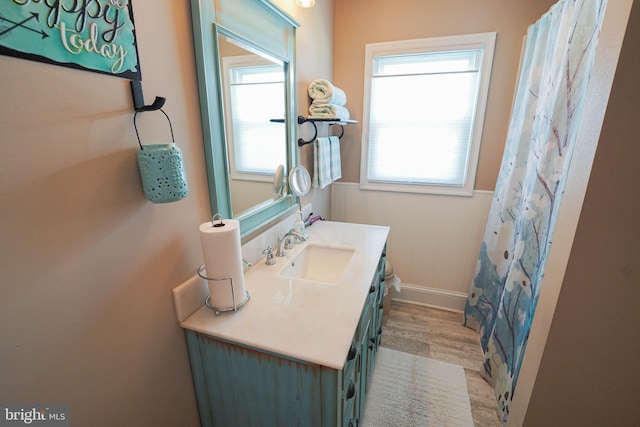 bathroom featuring plenty of natural light, vanity, and wood-type flooring