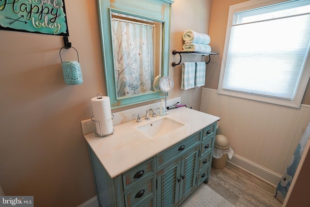 bathroom with hardwood / wood-style flooring and vanity