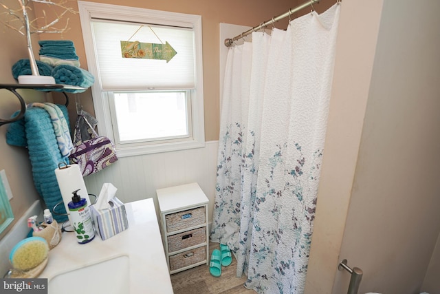 bathroom featuring a wainscoted wall and a sink