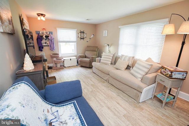 living room featuring light wood finished floors and baseboards