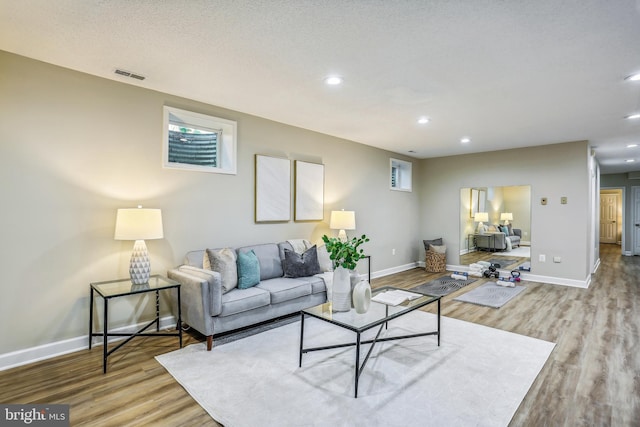 living room with light wood-type flooring and a textured ceiling