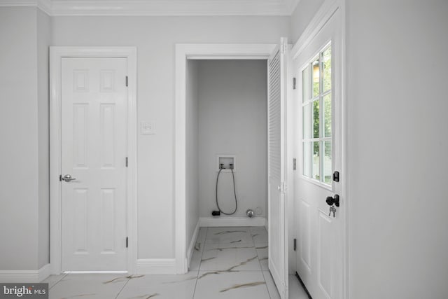 interior space with tile patterned flooring and crown molding