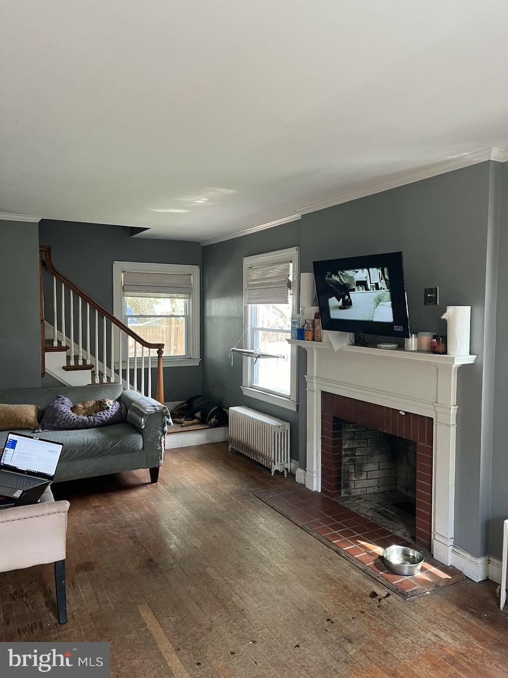 bedroom featuring a brick fireplace, crown molding, hardwood / wood-style flooring, and radiator