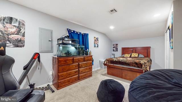 carpeted bedroom with lofted ceiling and electric panel