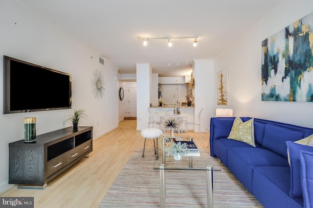 living room with track lighting and light wood-type flooring