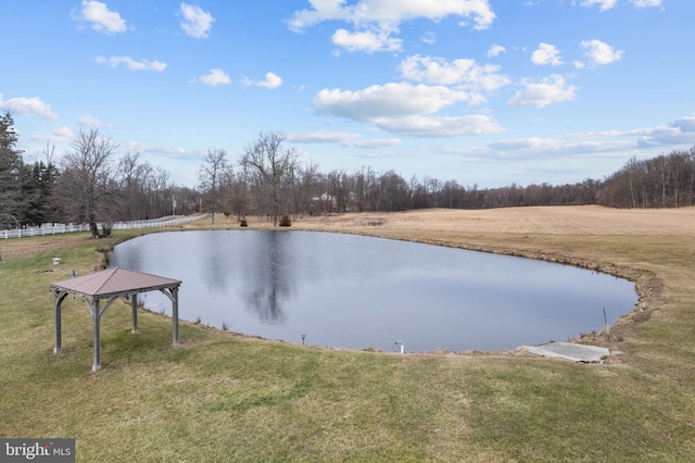 property view of water with a gazebo