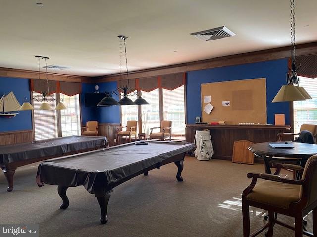 recreation room featuring billiards, a healthy amount of sunlight, and carpet