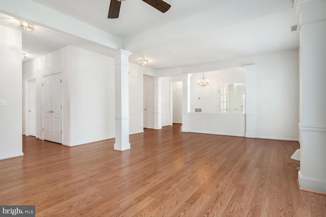 unfurnished living room featuring light hardwood / wood-style flooring, decorative columns, and ceiling fan