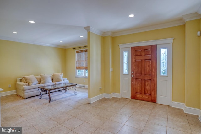 foyer entrance with crown molding, a healthy amount of sunlight, and light tile patterned flooring