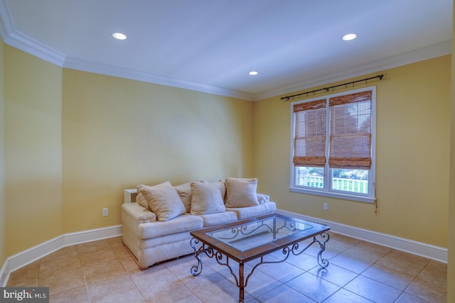 living room featuring ornamental molding, recessed lighting, and baseboards