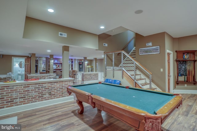 game room with billiards and hardwood / wood-style floors