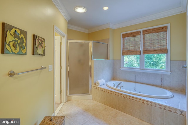 bathroom with ornamental molding, tile patterned floors, and plus walk in shower