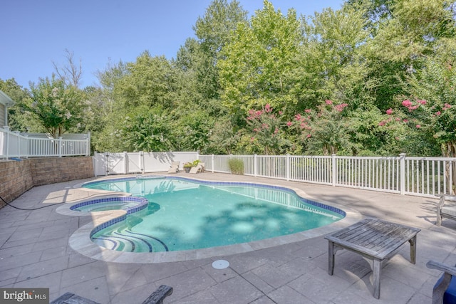 view of swimming pool featuring an in ground hot tub and a patio area