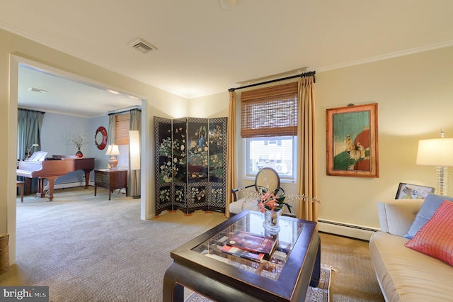 carpeted living area featuring a baseboard radiator, visible vents, a baseboard heating unit, and ornamental molding