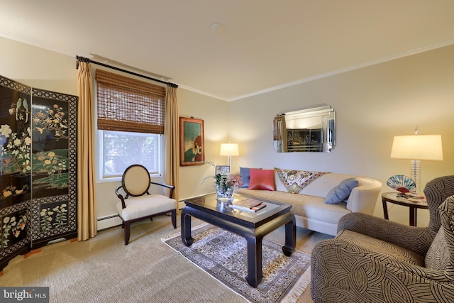 carpeted living room with a baseboard heating unit and crown molding