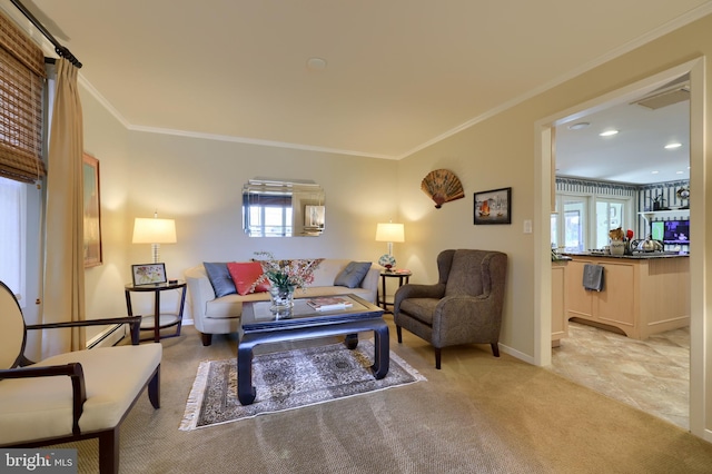 living area with plenty of natural light and crown molding