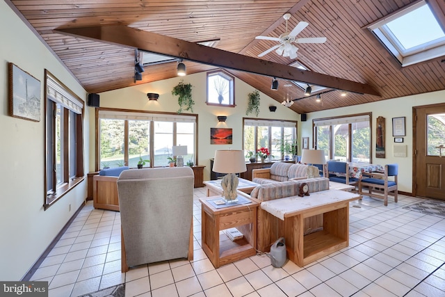 living area with wood ceiling, a skylight, beam ceiling, and light tile patterned flooring