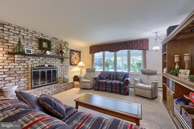 carpeted living area with a fireplace and baseboard heating