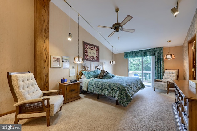 bedroom with a ceiling fan, carpet, access to outside, high vaulted ceiling, and track lighting