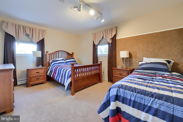 bedroom featuring a baseboard radiator, multiple windows, and light carpet