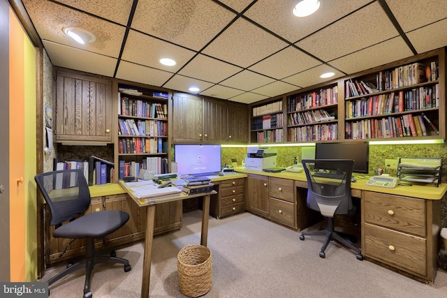 home office featuring light carpet and recessed lighting