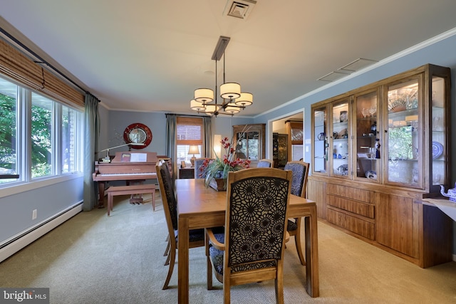 dining room with light carpet, a baseboard heating unit, and ornamental molding