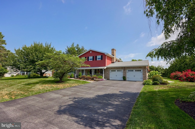 traditional-style home with an attached garage, a chimney, aphalt driveway, and a front yard