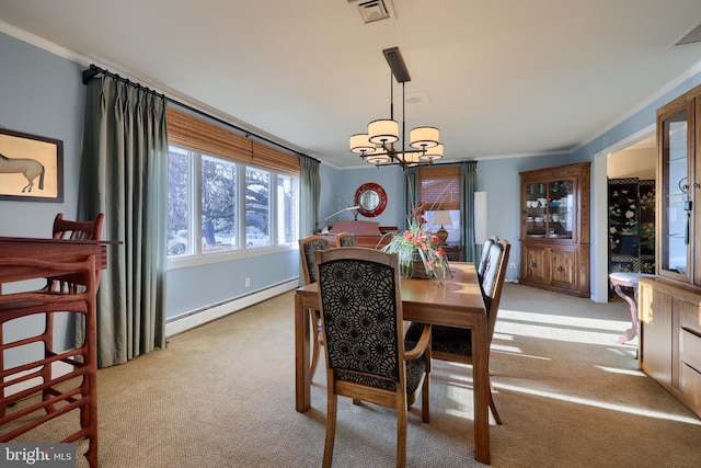 dining space featuring carpet, visible vents, a baseboard heating unit, and crown molding