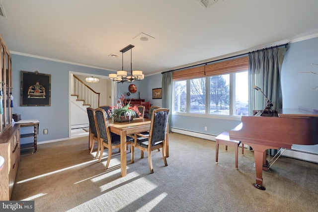 carpeted dining space featuring crown molding, a baseboard radiator, baseboard heating, an inviting chandelier, and baseboards