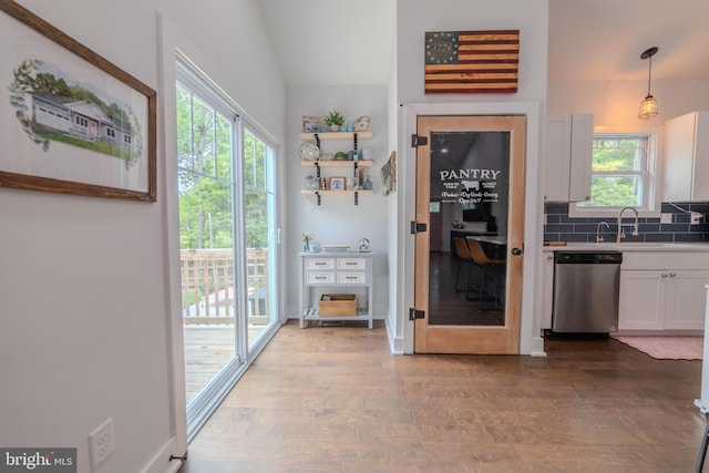 kitchen with pendant lighting, a healthy amount of sunlight, stainless steel dishwasher, and white cabinets