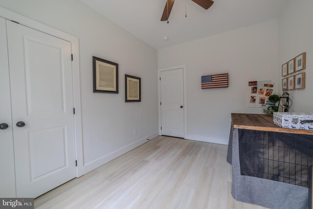 living room with ceiling fan and light hardwood / wood-style flooring