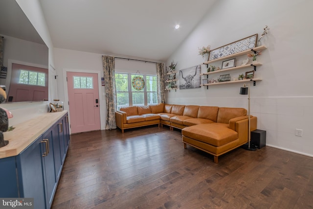 living room featuring dark wood-type flooring and high vaulted ceiling