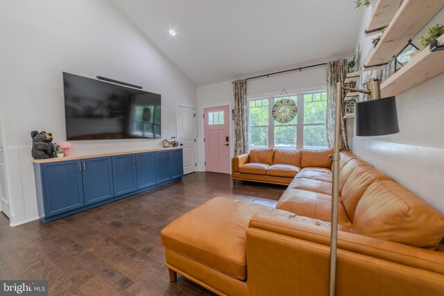 living room featuring dark hardwood / wood-style flooring and high vaulted ceiling