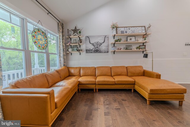 living room featuring wood-type flooring and vaulted ceiling