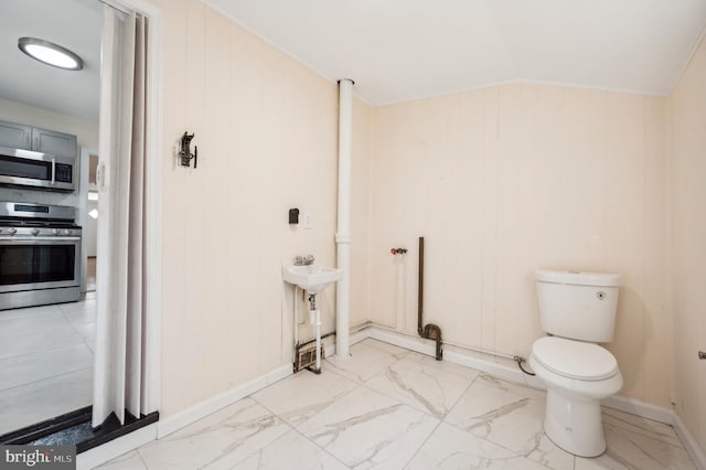 bathroom with sink, vaulted ceiling, and toilet