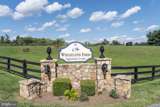 community / neighborhood sign featuring a yard and a rural view