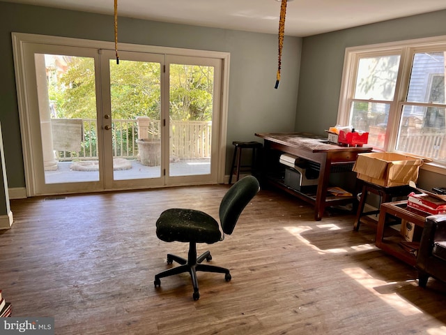 office space featuring wood-type flooring, french doors, and plenty of natural light