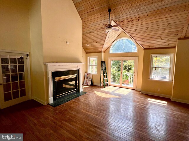 unfurnished living room with ceiling fan, wood-type flooring, high vaulted ceiling, and wooden ceiling