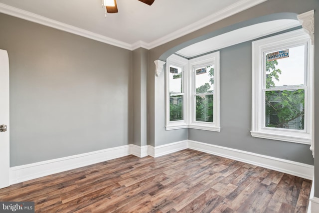 empty room with hardwood / wood-style floors, ornamental molding, and a wealth of natural light