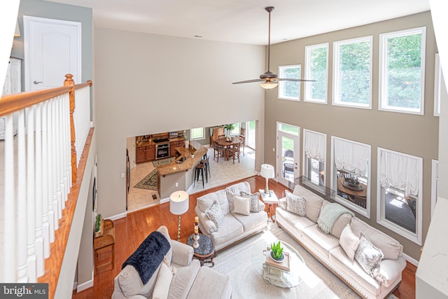 living area featuring a towering ceiling, baseboards, and wood finished floors