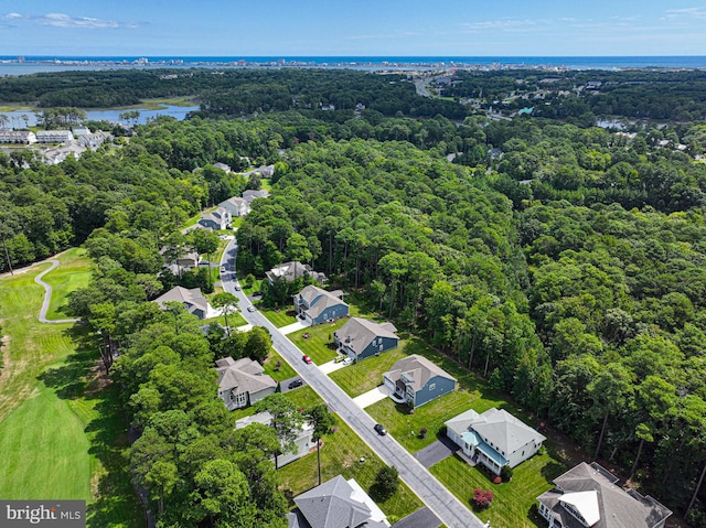 drone / aerial view featuring a forest view, a water view, and a residential view