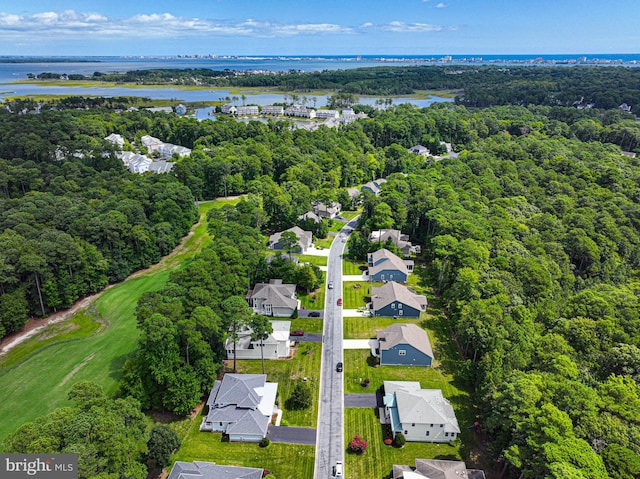 bird's eye view with a water view, a residential view, and a view of trees