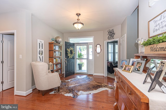 foyer with baseboards and wood finished floors