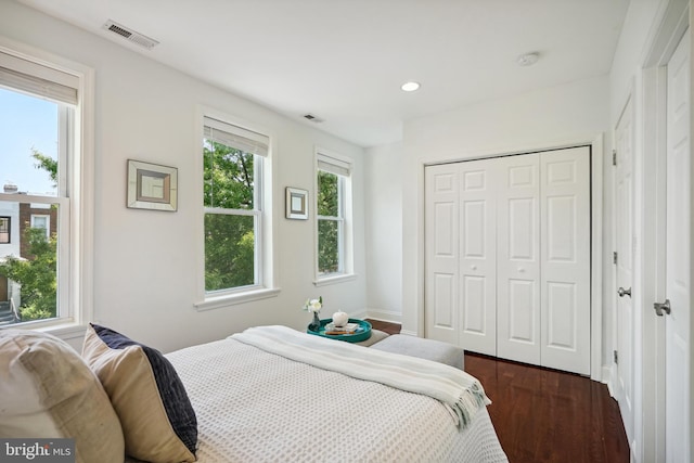 bedroom featuring a closet, wood-type flooring, and multiple windows