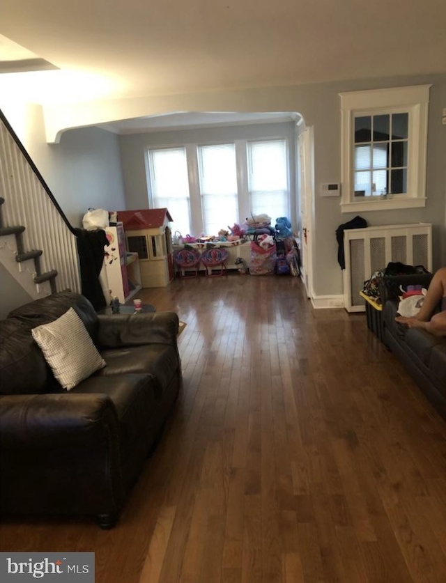 living room with dark hardwood / wood-style flooring