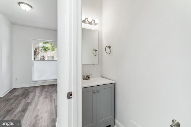 bathroom with vanity and wood-type flooring