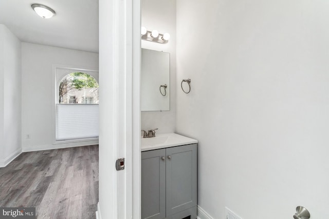 bathroom featuring wood finished floors, vanity, and baseboards